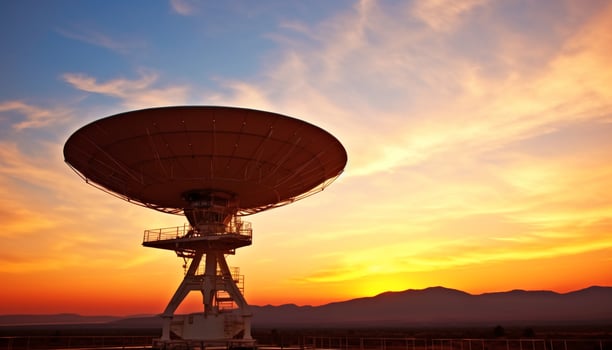 AI generated Sunset silhouette, satellite dish receives global communication data generated by AI photo