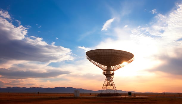 AI generated Sunset silhouette, radio telescope explores nature communication generated by AI photo