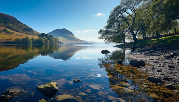 AI generated Tranquil scene of mountain peak reflecting in pond generated by AI photo