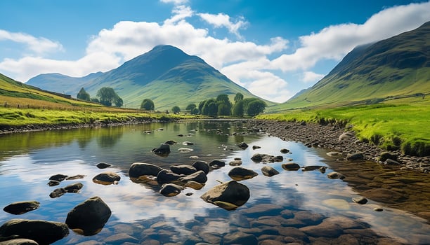 AI generated Majestic mountain peak reflects tranquil blue sky generated by AI photo