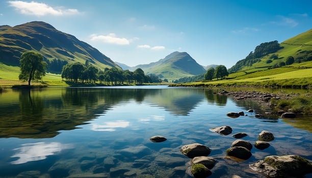 AI generated Mountain landscape, outdoors, water, summer, green grass, forest generated by AI photo
