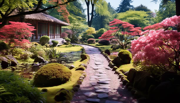 AI generated Tranquil Japanese garden, green trees, colorful flowers, peaceful generated by AI photo