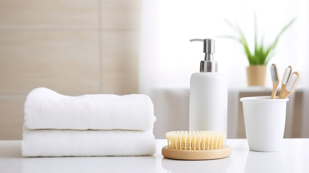 AI generated Bath accessories on white table in bathroom. Hygiene concept. photo