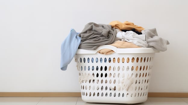 AI generated Laundry Basket with Clothes in the White Room. photo