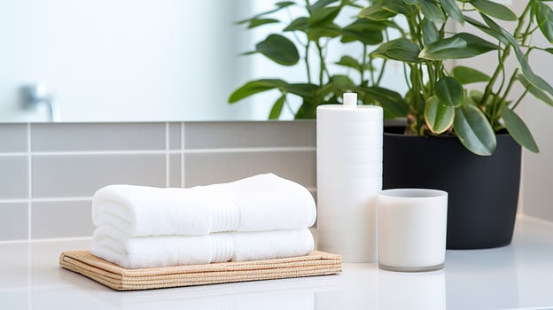 AI generated White towels on a white table in the bathroom with a green plant. photo