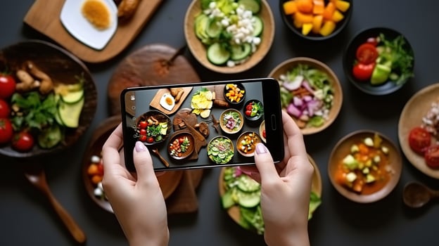 AI generated Woman taking photo of healthy food with smartphone at table, closeup