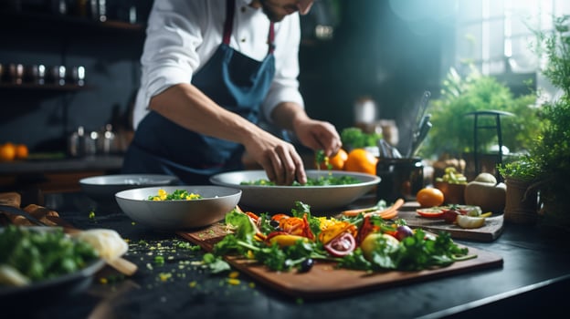 AI generated Chef preparing vegetable salad in the kitchen. Chef preparing healthy food photo