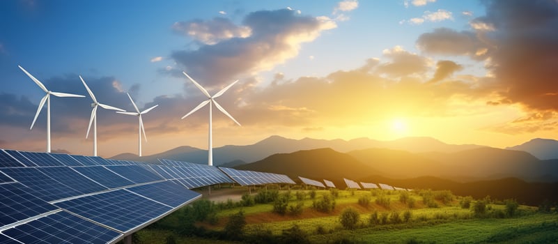 Solar panels and wind turbine against blue sky with white clouds photo