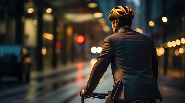 Rear view of a businessman riding a bicycle in the city at night photo