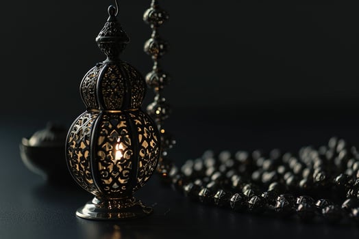AI generated Ornamental Arabic lantern with burning candle glowing at night invitation for Muslim holy month Ramadan Kareem photo
