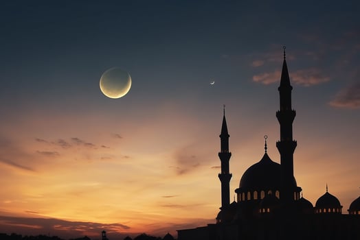 AI generated islamic background of silhouette islamic mosque at night with moon on blue sky photo