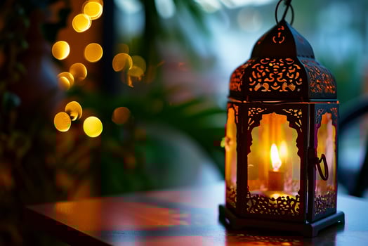 AI generated Ornamental Arabic lanterns. Glittering golden bokeh lights on the table photo