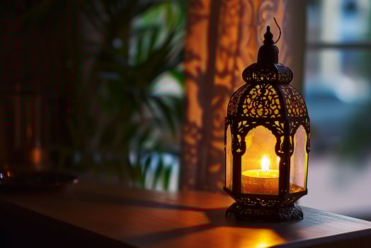 AI generated Ornamental Arabic lanterns. Glittering golden bokeh lights on the table photo
