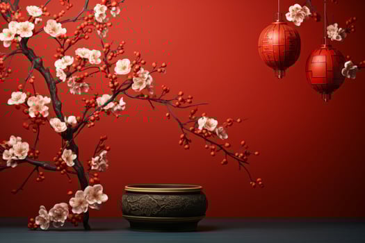 AI generated an image of Chinese New Year hanging lantern on red wall mockup photo