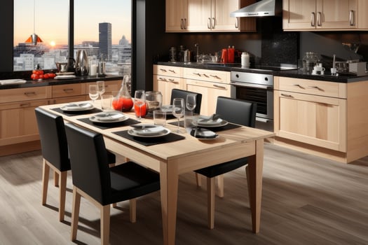 AI generated modern style natural wood kitchen professional advertising photography photo