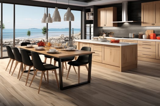 AI generated modern style natural wood kitchen professional advertising photography photo