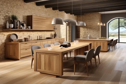 AI generated modern style natural wood kitchen professional advertising photography photo