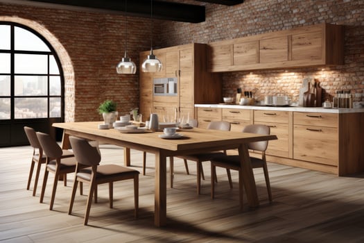 AI generated modern style natural wood kitchen professional advertising photography photo