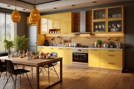 AI generated clean minimalist yellow style small kitchen professional advertising photography photo