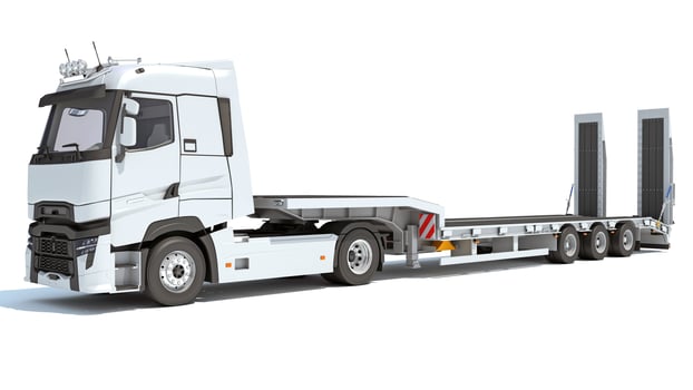 Heavy Truck with Lowboy Trailer 3D rendering on white background photo