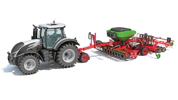 Tractor with Trailed Disc Harrow farm equipment 3D rendering on white background photo