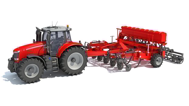 Farm Tractor with Seed Drill 3D rendering on white background photo