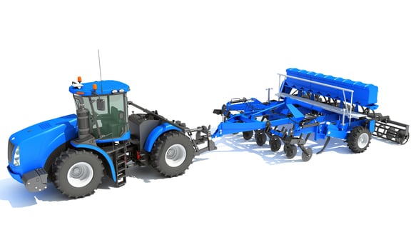 Tractor with Seed Drill farm equipment disc harrow 3D rendering on white background photo