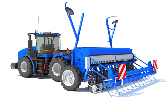 Tractor with Seed Drill farm equipment disc harrow 3D rendering on white background photo