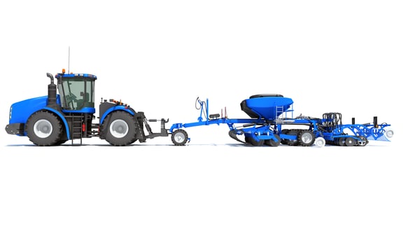 Tractor with Seed Drill farm equipment disc harrow 3D rendering on white background photo