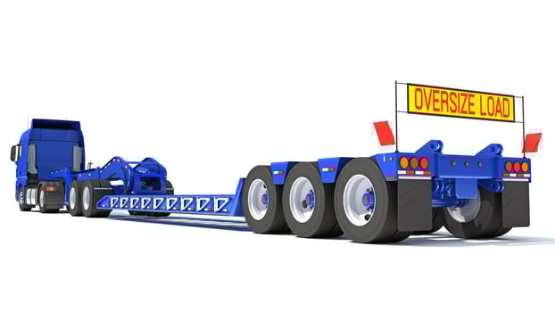Semi Truck with Lowboy Platform Trailer 3D rendering on white background photo