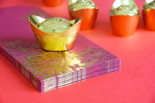 Chinese New Year red packets and golden ingot on yellow cover. Customizable space for text. photo
