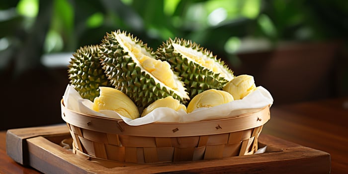 AI generated Closeup of Fresh Durian Fruit. Durian in a Basket. Generative AI photo