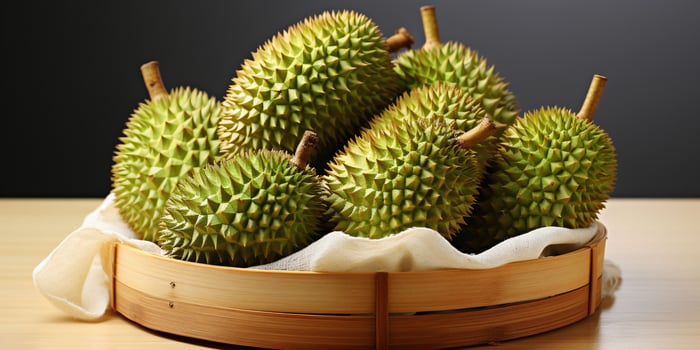 AI generated Closeup of Fresh Durian Fruit. Durian in a Basket. Generative AI photo