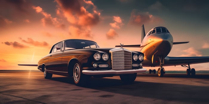 AI generated Luxury Car and Private Jet at the Airport. Business Class Service at the Airport. Generative AI photo