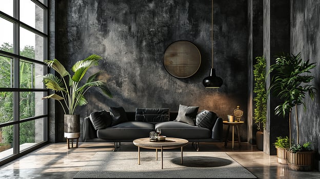 AI generated Black living room interior design with sofa minimal aesthetic 3d rendered photo