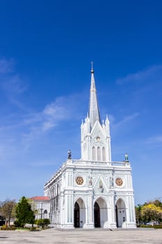 Beautiful Christian Church In The Blue Sky Thailand landmark in samutsongkram photo