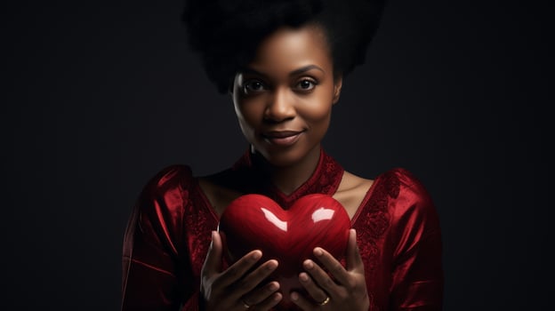 AI generated Afro American Woman holding heart symbol valentine day gift. Love and romantic emotion concept. photo