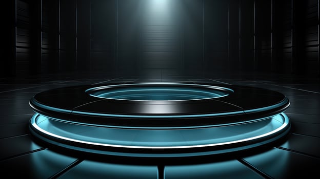 AI generated Dark green pedestal on dark with neon lighting. photo