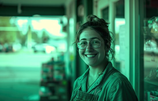 AI generated a beautiful green employee smiling in front of a store photo