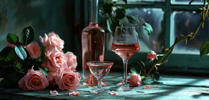 AI generated a bottle of pink wine and a glass of water with roses photo