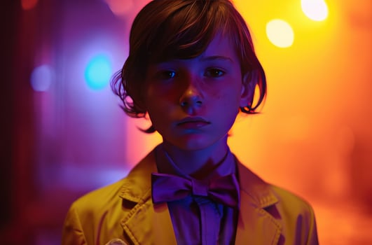 AI generated a kid in yellow and purple shirt wearing a bow tie and a yellow jacket photo