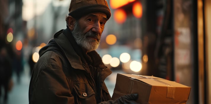 AI generated a man holding a delivery package in street photo