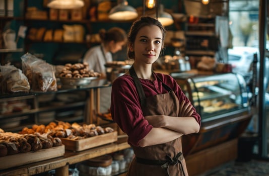 AI generated a very attractive woman in a bakery standing with her arms crossed photo