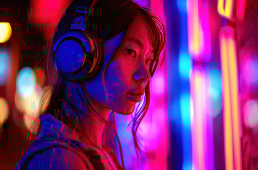 AI generated a woman in headphones is in front of colorful lights photo