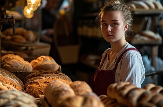 AI generated a woman is in front of a counter full of breads photo