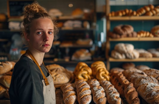 AI generated a woman is in front of a counter full of breads photo
