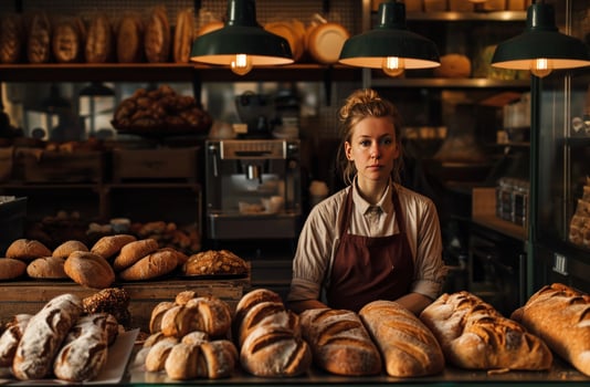 AI generated a woman is in front of a counter full of breads photo