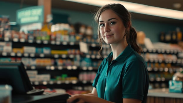 AI generated a woman in a polo shirt standing at a register in a store photo