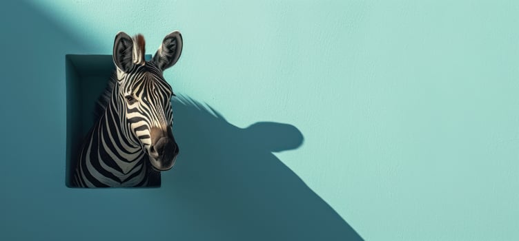 AI generated a zebra peeking out of a blue and pink wall photo