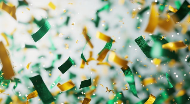 AI generated celebration frame in white background with green, yellow and green confetti photo